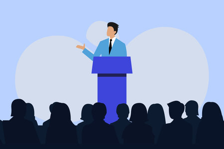 Business Man Tribune Speech People Group 2D flat vector concept for banner, website, illustration, landing page, flyer, etcのイラスト素材