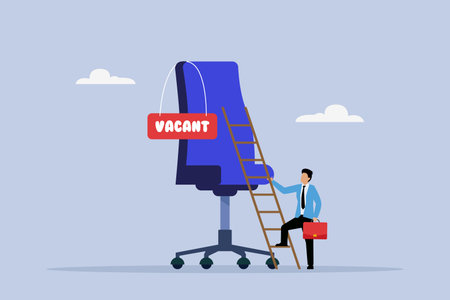 worker climbing the ladder to big chair with vacant sign 2D flat vector concept for banner, website, illustration, landing page, flyer, etcのイラスト素材