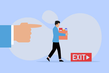 Businessman walking out carrying a box filled with his personal belongings 2D flat vector concept for banner, website, illustration, landing page, flyer, etcのイラスト素材