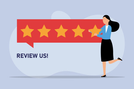 Woman customer giving five star rating. Customer Review. Feedbackのイラスト素材