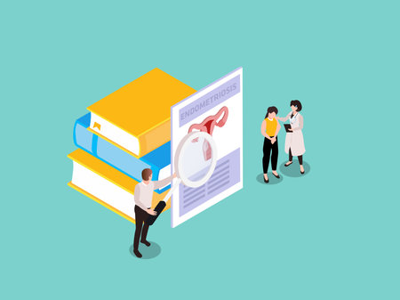 Gynecologist and female patient, diagnosis. Endometriosis isometric 3d vector concept for illustration, banner, website, landing page, flyer, etc.のイラスト素材