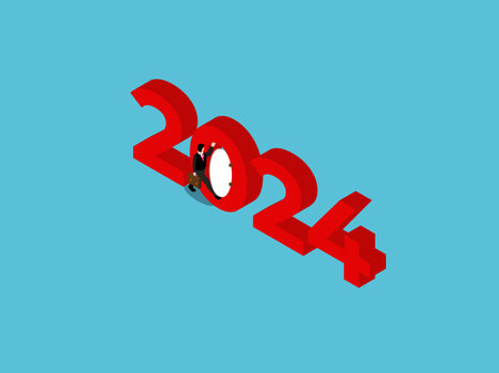 Businessman with 2024 door isometric 3d vector illustration conceptのイラスト素材