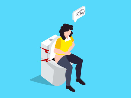Constipated woman sitting on the toilet, colon health and bowel diseases isometric 3d vector concept for illustration, banner, website, landing page, flyer, etc.のイラスト素材