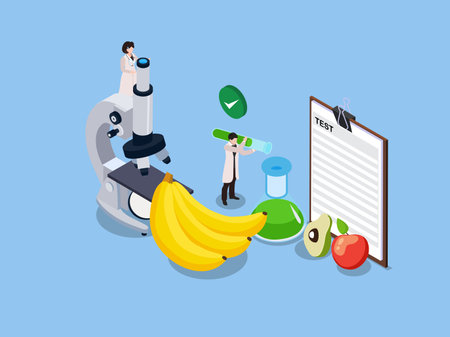 Biological scientists research of food isometric 3d vector concept for illustration, banner, website, landing page, flyer, etc.のイラスト素材