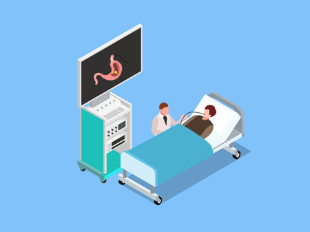 doctor sitting next to the patient bed  doing Gastroscopy isometric 3d vector concept for illustration, banner, website, landing page, flyer, etc.のイラスト素材