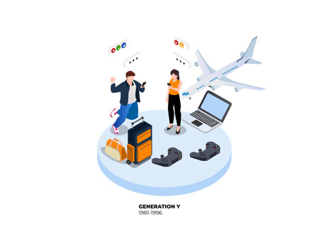 generation y concept people with team and people isometric 3d vector illustration conceptのイラスト素材