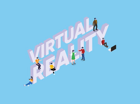 Horizontal VIRTUAL REALITY text banner with men and woman using virtual reality headsets isometric 3d vector illustration conceptのイラスト素材