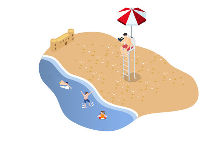 Life guard watching over the beach with children swimming isometric 3d vector illustration conceptのイラスト素材