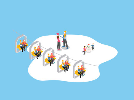 People in cable cars moving with Snowy Slopes Below isometric 3d vector illustration conceptのイラスト素材