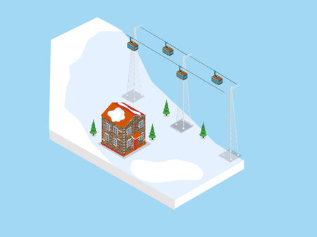 Ski resort lift on cableway, house, chalet, winter mountain evening and morning landscape, snowy peaks and slopes isometric 3d vector illustration conceptのイラスト素材