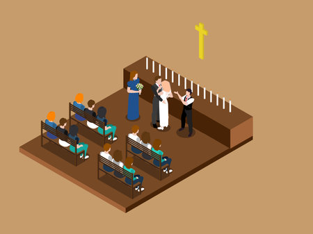Wedding ceremony at church  isometric 3d vector illustration conceptのイラスト素材