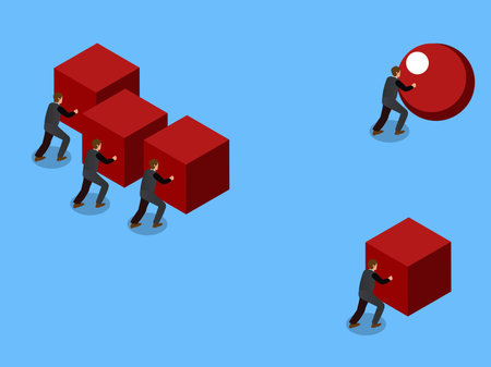 smart businessman pushing a sphere leading the race against a group of slower businessmen pushing boxes isometric 3d vector illustration concept for banner, website, illustration, landing page, flyer, etcのイラスト素材