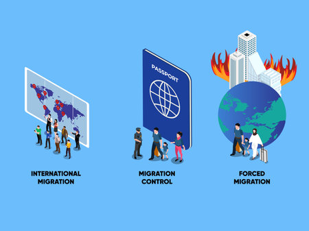 Population displacement, refugees metaphors. Forced and international migration isometric 3d vector illustration concept for banner, website, illustration, landing page, flyer, etcのイラスト素材