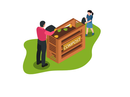 Father and daughter making compost isometric isometric 3d vector illustration concept for banner, website, illustration, landing page, flyer, etcのイラスト素材