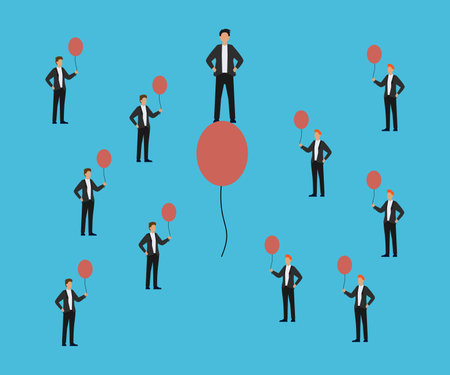 Businessman standing on balloon flying leaving other businessmen 2d vector illustration concept for banner, website, landing page, flyer, etcのイラスト素材