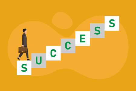 Steps to success - businessman running up a success stairway 2d vector illustration concept for banner, website, landing page, flyer, etcのイラスト素材