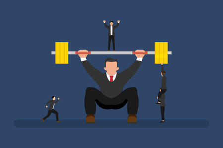 Business people work together lifting weights 2d vector illustration concept for banner, website, landing page, flyer, etcのイラスト素材