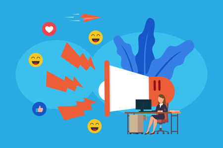 Speaker announcing news to target audience  2d vector illustration concept for banner, website, landing page, flyer, etcのイラスト素材