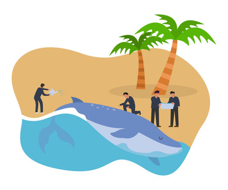 People pouring water on beached whale 2d vector illustration concept for banner, website, landing page, flyer, etcのイラスト素材