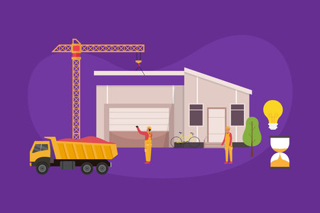 Construction site and new residential panel building house 2d vector illustration concept for banner, website, landing page, flyer, etcのイラスト素材
