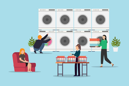People in public laundry room washing clothes 2d vector illustration concept for banner, website, landing page, flyer, etcのイラスト素材