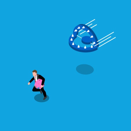 Investment and trap. Business person holding piggy bank and run away from traps 3d vector illustration concept for banner, website, illustration, landing page, flyer, etcのイラスト素材