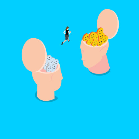 Businesswoman jump over from unhappy to happy emoticon 3d vector illustration concept for banner, website, illustration, landing page, flyer, etcのイラスト素材