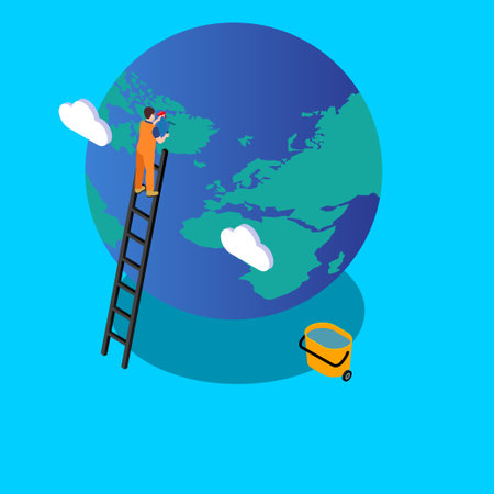 Man Climbing on Ladder cleaning the earth 3d vector illustration concept for banner, website,...