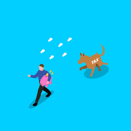 Businessman with Piggy Bank run away from Taxes wolf 3d vector illustration concept for banner, website, illustration, landing page, flyer, etcのイラスト素材