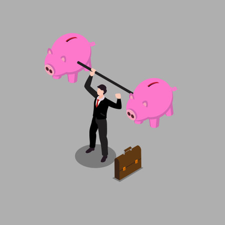 Businessman lifting weights or carrying piggy bank 3d vector illustration concept for banner, website, illustration, landing page, flyer, etcのイラスト素材