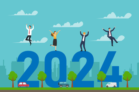 Happy people jumping on huge 2024 new year numbers 2d vector illustration concept for banner, website, landing page, flyer, etcのイラスト素材