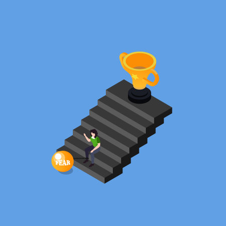 Businesswoman chained to a fear ball unable to grow and achieve success  isometric 3d vector concept for banner, website, illustration, landing page, etcのイラスト素材