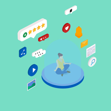 Digital detox. Woman in lotus pose meditate and take break from internet, phone and social networks isometric 3d vector concept for banner, website, illustration, landing page, etcのイラスト素材