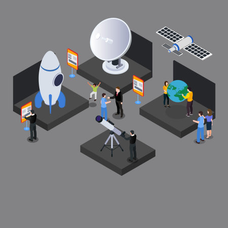 Modern museum astronomical exhibition hall isometric 3d vector concept for banner, website, illustration, landing page, etcのイラスト素材