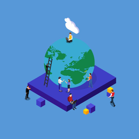 Getting to Top, Having Ambition, Successfully Reaching Goal isometric 3d vector concept for banner, website, illustration, landing page, etcのイラスト素材