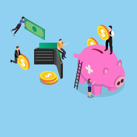 Savings in a piggy bank. Small people put money in banks to save and bank interest to return the investment isometric 3d vector concept for banner, website, illustration, landing page, etcのイラスト素材