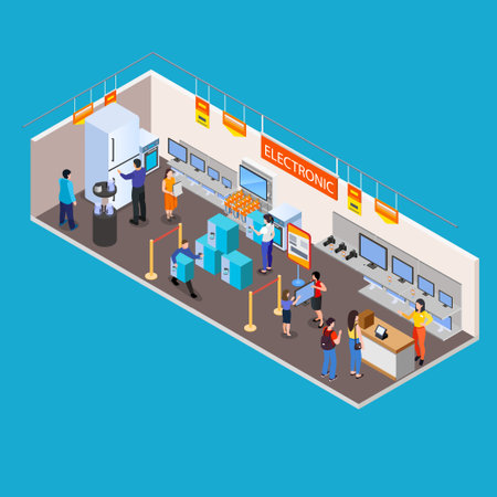 People visitor and shop assistant at consumer electronics store isometric 3d vector concept for banner, website, illustration, landing page, flyer, etcのイラスト素材