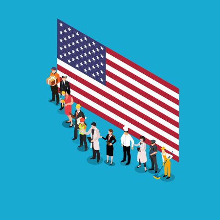 Happy Labor Day. Various occupations people standing with American flag isometric 3d vector concept for banner, website, illustration, landing page, flyer, etcのイラスト素材