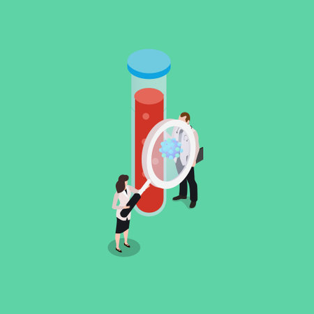 HIV- blood test, a lady doctor, a scientist holding blood test tube and magnifying glass zoom blood and plasma isometric 3d vector concept for banner, website, illustration, landing page, flyer, etcのイラスト素材
