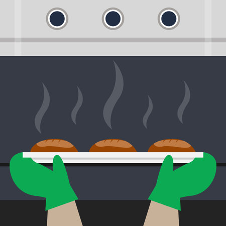 Baking buns in the oven 2d vector illustration concept for banner, website, landing page, flyer, etcのイラスト素材