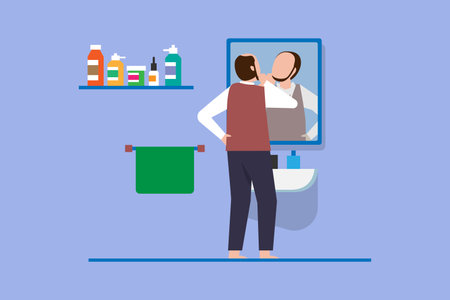 Bald man in the bathroom looks in the mirror 2d vector illustration concept for banner, website, landing page, flyer, etcのイラスト素材
