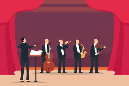 Symphony Orchestra Playing Classical Music Concert 2d vector illustration concept for banner, website, landing page, flyer, etcのイラスト素材