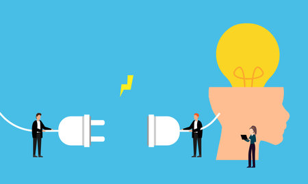 Light bulb lights up as a creative idea, brain charging 2d vector illustration concept for banner,...