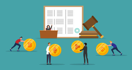 Regulation of cryptocurrency, digital currency legislation, legislative control 2d vector illustration concept for banner, website, landing page, flyer, etcのイラスト素材