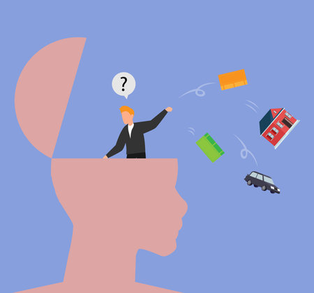 Man throw away house, car, money, gold from a head for simple living 2d vector illustration concept for banner, website, landing page, flyer, etcのイラスト素材