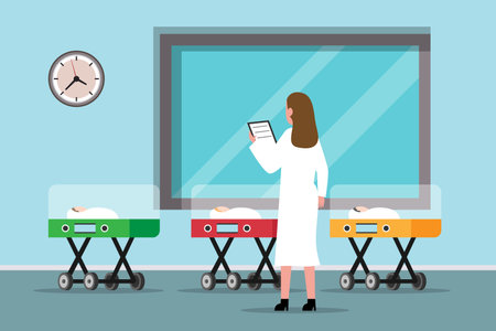 Female doctor standing next to newborn babies in incubator 2d vector illustration concept for banner, website, landing page, flyer, etcのイラスト素材