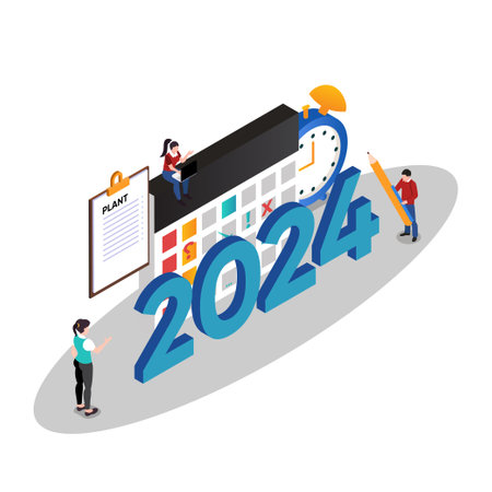 Team create planner and schedule for 2024 isometric 3d vector illustration concept for banner, website, illustration, landing page, flyer, etcのイラスト素材