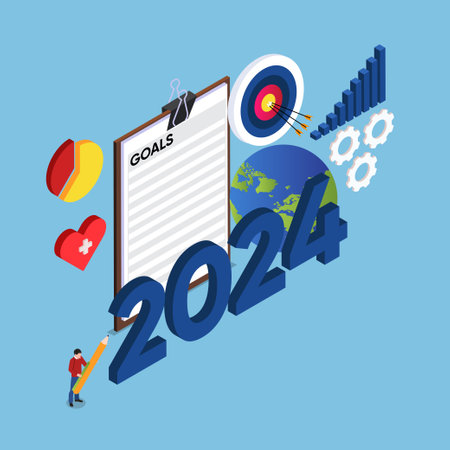 Man write work and health goals for 2024 isometric 3d vector illustration concept for banner, website, illustration, landing page, flyer, etcのイラスト素材