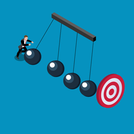 Hard working businessman pushes newtons cradle until it reaches his goal target isometric 3d vector illustration concept for banner, website, illustration, landing page, flyer, etcのイラスト素材