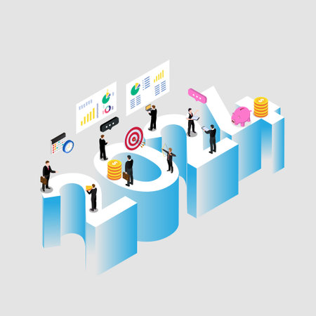 Company trying to reach target goal for 2024 isometric 3d vector illustration concept for banner, website, illustration, landing page, flyer, etcのイラスト素材